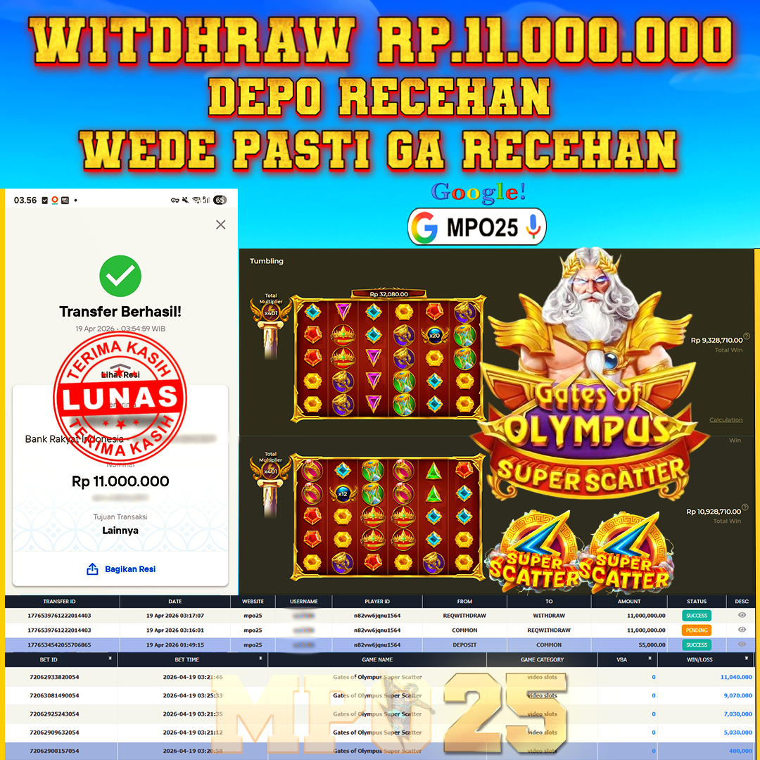 MPO25 BERMAIN GATES OF OLYMPUS SUPER SCATTER DAPAT JACKPOT WD Rp.11,000,000- DI BAYAR TUNTAS
